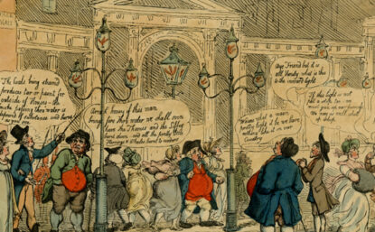 Illustration depicting an early 19th-century London street scene with citizens commenting on the recent invention of gas-lighting.