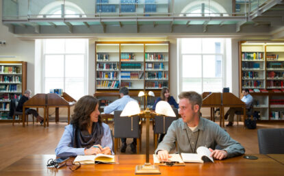 Two fellows working in library