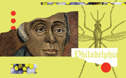 Collage illustration showing portrait of Richard Allen, a mosquito, and image of yellow fever virus
