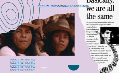 Collage illustration showing news clippings about genetic research and indigenous groups.