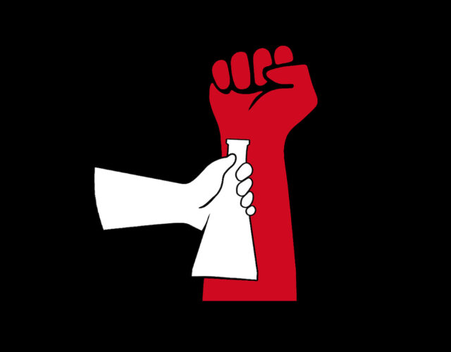 Logo for the March for Science featuring one illustrated hand raised in a fist. It is red. the other hand is white and clenching a Erlenmeyer flask.