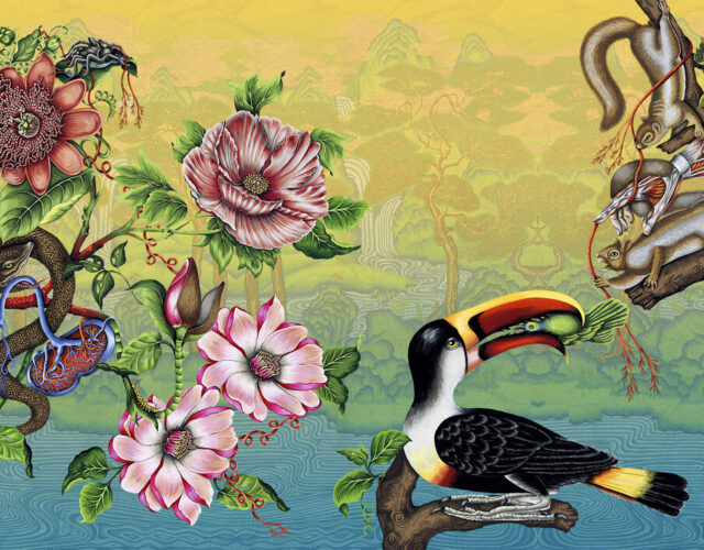 colorful illustration of flowers, a snake, and a bird