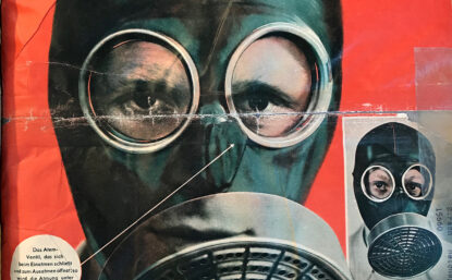 Magazine cover showing a man wearing a translucent illustration of a gas mask with the features of his face visible beneath