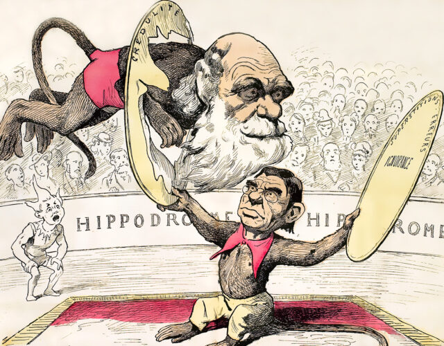 Satirical cartoon of Darwinism using a circus theme